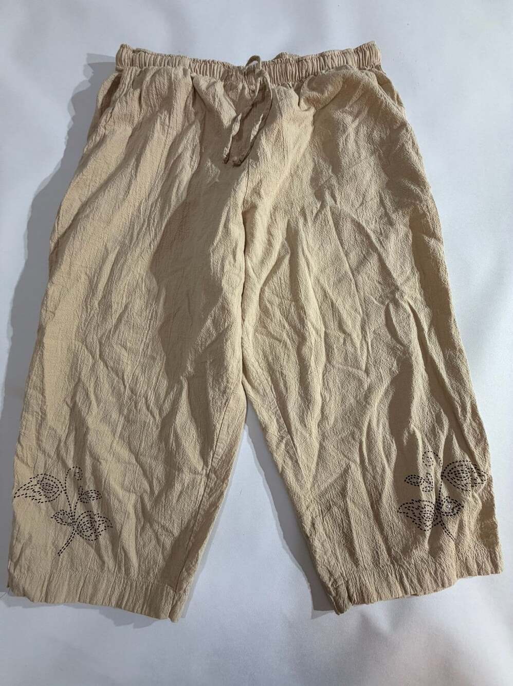 Jane Ashley Beige Embroidered Cotton Capri Pants Womens PXL
